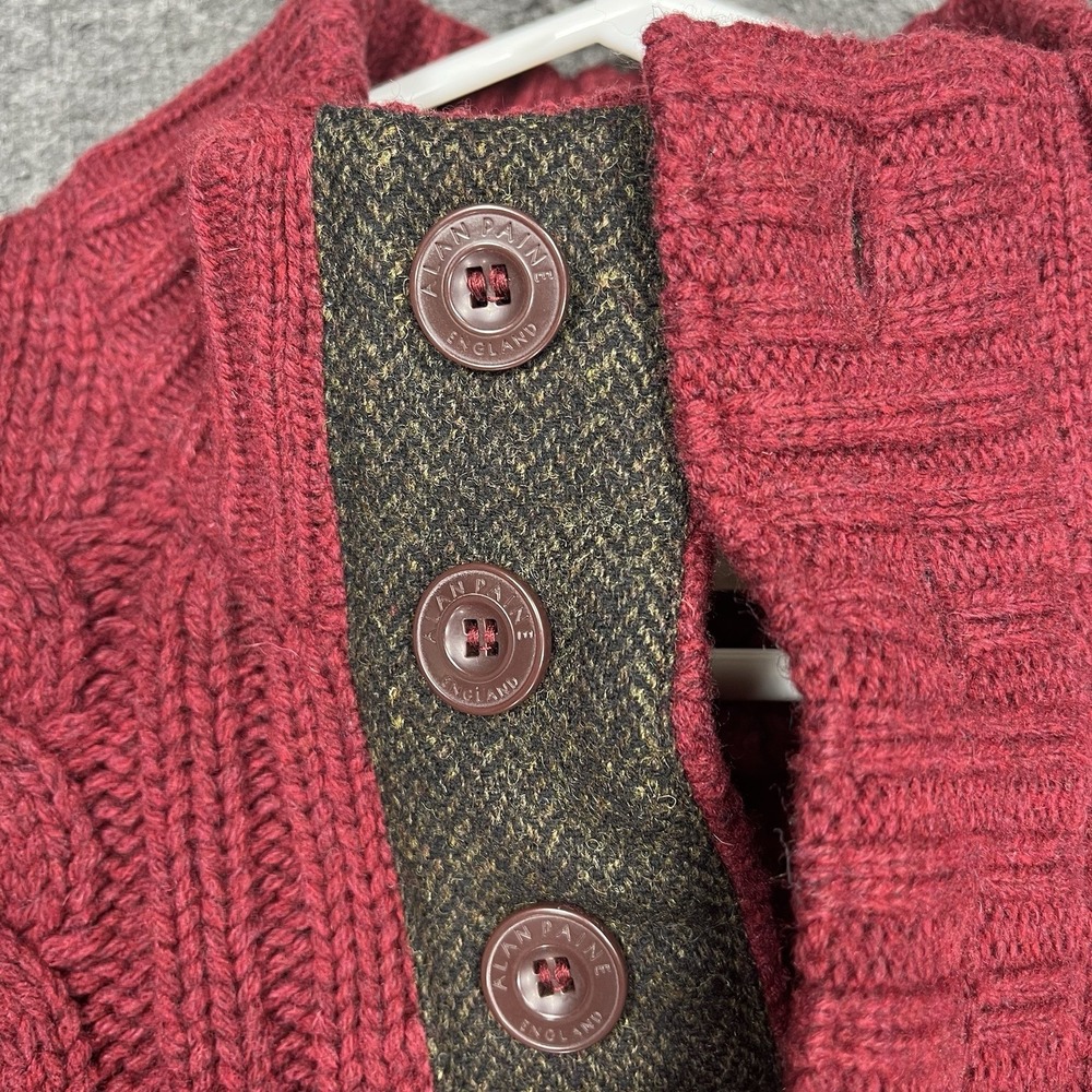 Alan Paine Henley Sweater Mens XL Red Cable Knit English Explorer Elbow Patches - Picture 3 of 11